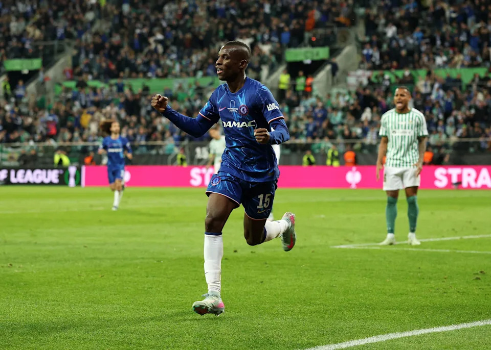 Nicolas Jackson celebrates his goal in the Conference League final.(Photo by Richard Heathcote/Getty Images)