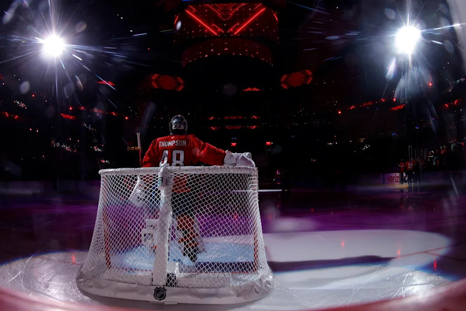 May 6, 2025; Washington, District of Columbia, USA; Washington Capitals goaltender Logan Thompson (48) stands on the ice prior to the Capitals' game against the Carolina Hurricanes in game one of the second round of the 2025 Stanley Cup Playoffs at Capital One Arena. Mandatory Credit: Geoff Burke-Imagn Images