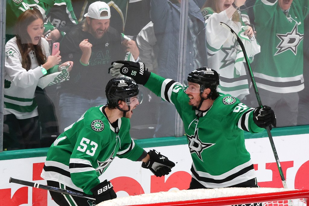 Wyatt Johnston and Matt Duchene of the Dallas Stars celebrate during Game 7.