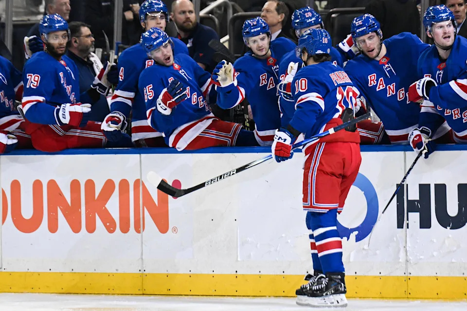 Mar 20, 2025; New York, New York, USA; New York Rangers left wing Artemi Panarin (10) celebrates his goal against the Toronto Maple Leafs during the second period at Madison Square Garden. Mandatory Credit: Dennis Schneidler-Imagn Images