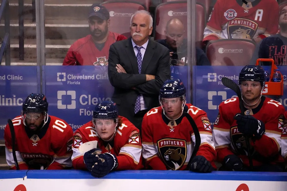 Florida Panthers head coach Joel Quenneville stands behind the bench during the first period between the Florida Panthers and the Boston Bruins at FLA Live Arena.Jasen Vinlove-Imagn Images