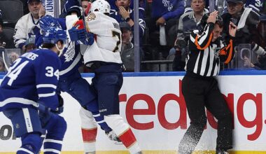 Referee Chris Rooney was cut above his eye after getting hit with the stick of Florida's Nikko Mikkola (77) during Sunday's Game 7 in the second round of the Stanley Cup Playoffs