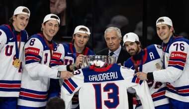 USA Hockey players hold up a jersey with Johnny Gaudreau's name and number on the back after winning the IIHF World Championship gold medal over Switzerland in Sweden