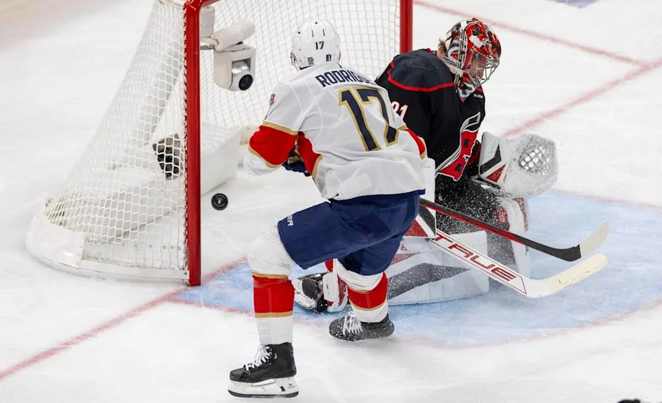 Florida Panthers center Evan Rodrigues (17) scores on Carolina Hurricanes goalie Frederik Andersen (31) to tie the score 2-2 in the second period during Game 5 of their Stanley Cup series on Wednesday, May 28, 2025 at Lenovo Center in Raleigh, N.C.
