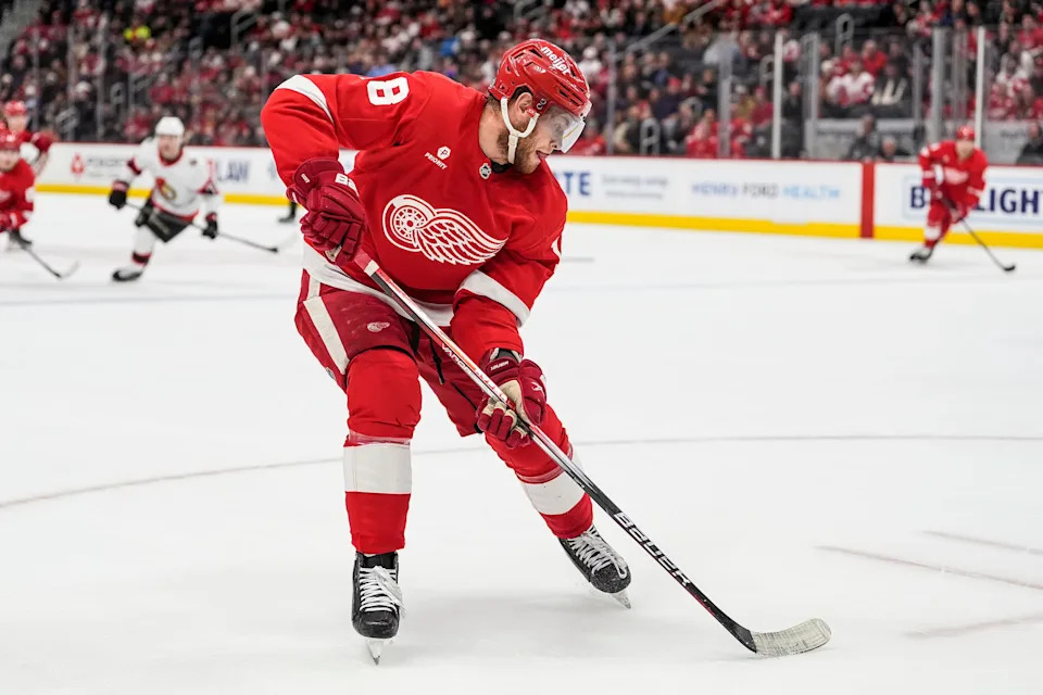Detroit Red Wings center Andrew Copp (18) look to pass against Ottawa Senators during the first period at at Little Caesars Arena in Detroit on Tuesday, Jan. 7, 2025.