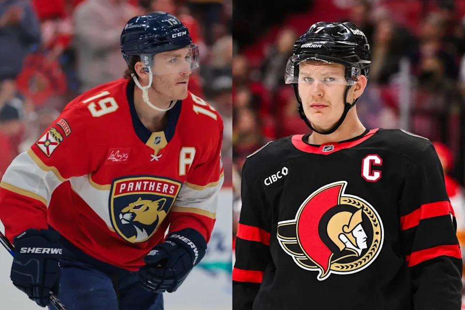 Florida Panthers' Matthew Tkachuk (19) and Ottawa Senators' Brady Tkachuk (7).© Sam Navarro-Imagn Images &verbar; © David Kirouac-Imagn Images