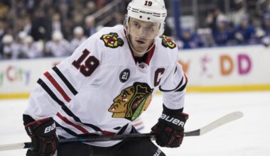 Chicago Blackhawks center Jonathan Toews lines up for a face-off in the first period of an NHL hockey game against the New York Rangers, Thursday, Jan. 17, 2019, at Madison Square Garden in New York. (AP Photo/Mary Altaffer)