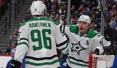 Dallas Stars right wing Mikko Rantanen (96) congratulates center Roope Hintz, after, after his goal in the second period of Game 6 of an NHL hockey first-round playoff series against the Colorado Avalanche, Thursday, May 1, 2025, in Denver. (AP Photo/David Zalubowski)