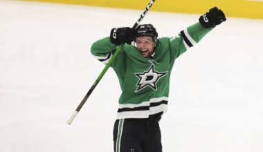 Dallas Stars' Thomas Harley celebrates after scoring in overtime in Game 6 of a second-round NHL hockey playoff series against the Winnipeg Jets in Dallas, Saturday, May 17, 2025. (AP Photo/Gareth Patterson)