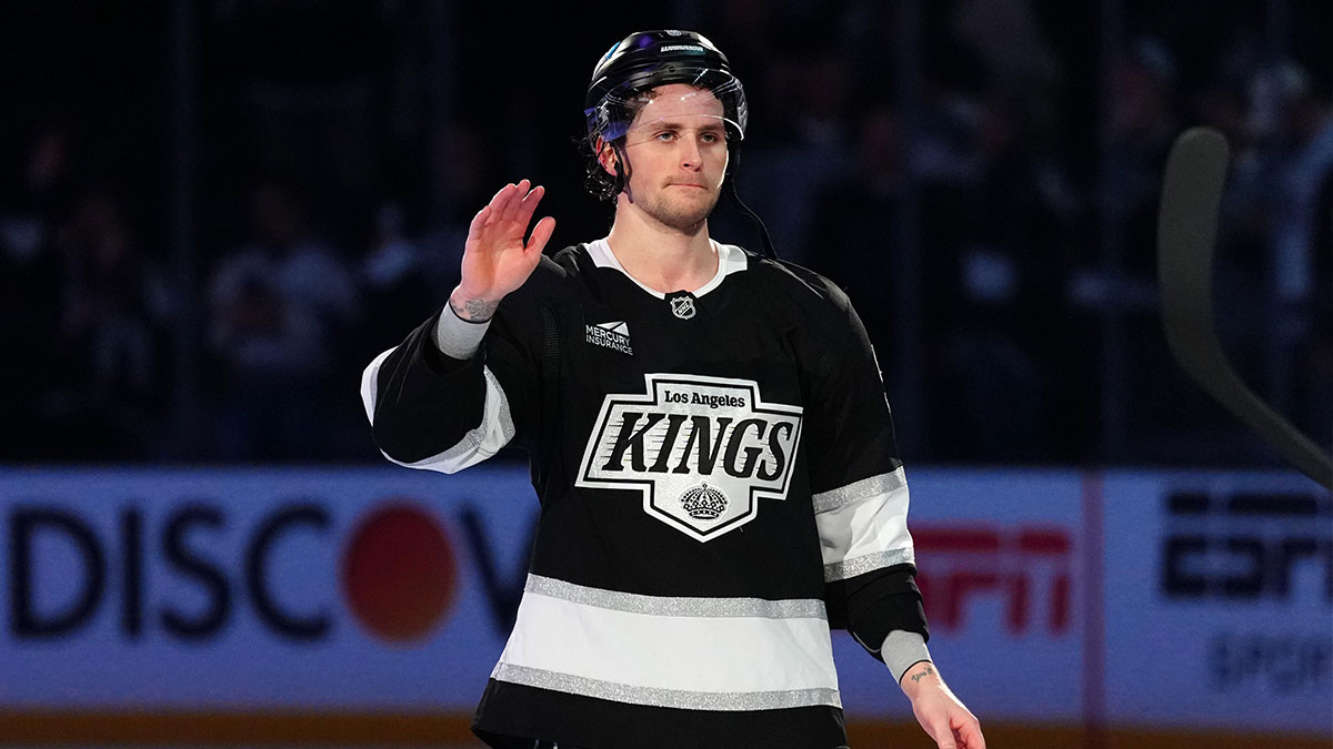 LA Kings right wing Adrian Kempe (9) is recognized as the second star of the night after game one of the first round of the 2025 Stanley Cup Playoffs against the Edmonton Oilers at Crypto.com Arena.