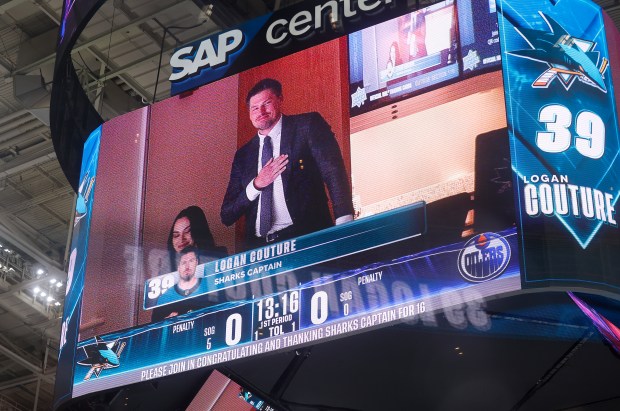 San Jose Sharks' Logan Couture is acknowledged on the Jumbotron during their game against the Edmonton Oilers in the first period at the SAP Center in San Jose, Calif., on Wednesday, April 16, 2025. (Nhat V. Meyer/Bay Area News Group)