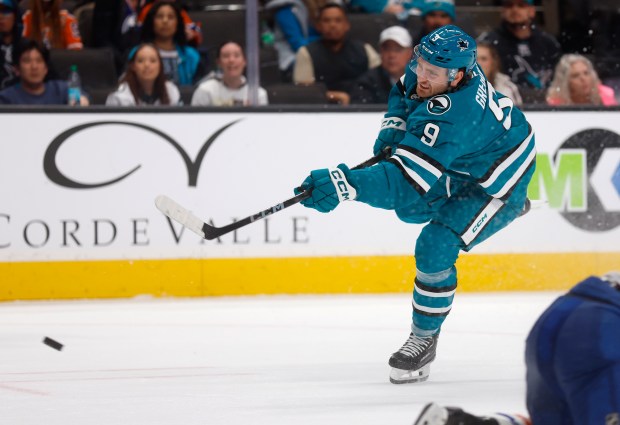 San Jose Sharks' Noah Gregor (9) takes a shot against...