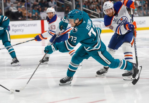San Jose Sharks' William Eklund (72) takes a shot against the Edmonton Oilers in the first period at the SAP Center in San Jose, Calif., on Wednesday, April 16, 2025. (Nhat V. Meyer/Bay Area News Group)
