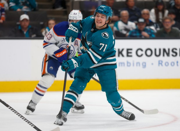 San Jose Sharks' Macklin Celebrini (71) takes a shot against...