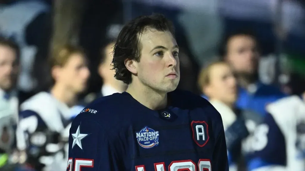 Charlie McAvoy #25 of Team USA stands for the national anthem prior to the game against Team Finland in the NHL 4 Nations Face-Off at Bell Centre on February 13, 2025 in Montreal, Quebec, Canada.