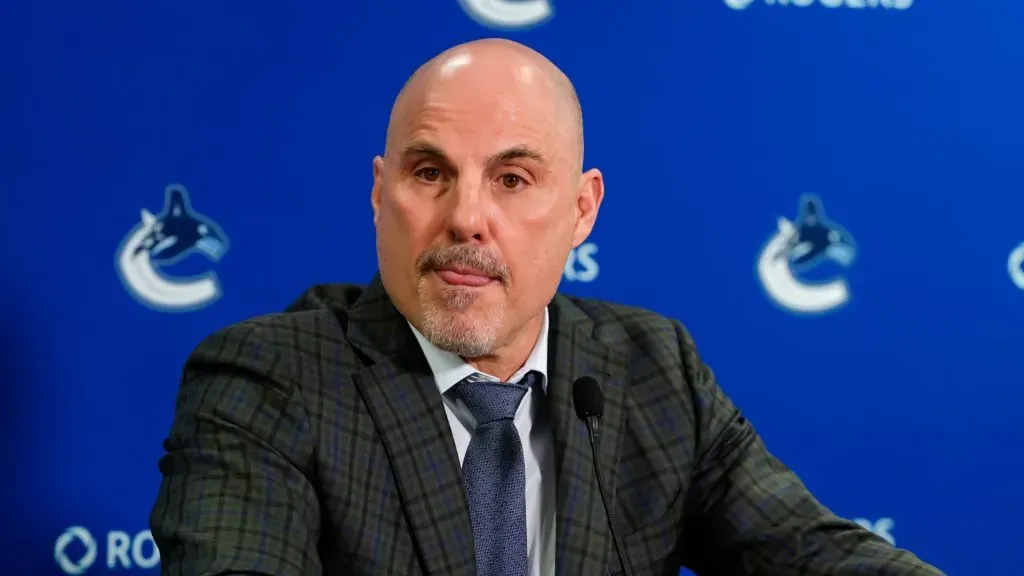 Vancouver Canucks head coach Rick Tocchet speaks to the media after their NHL game against the Vegas Golden Knights at Rogers Arena on April 16, 2025 in Vancouver, Canada.