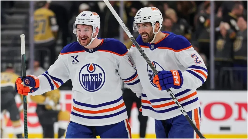 Zach Hyman and Evan Bouchard of the Edmonton Oilers – Ethan Miller/Getty Images