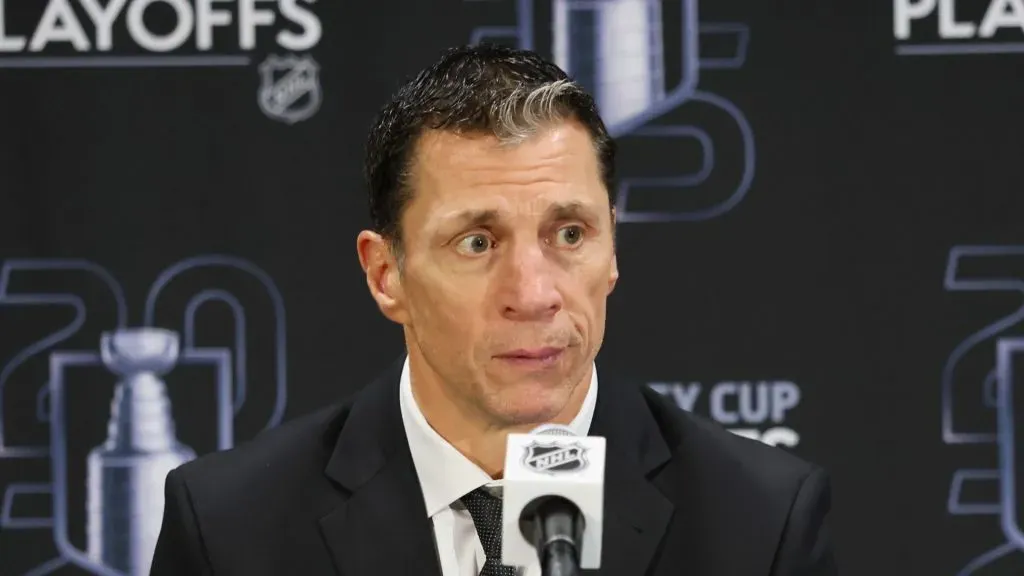 Rod Brind'Amour of the Carolina Hurricanes speaks with the media following the series win over the Washington Capitals in Game Five of the Second Round of the 2025 Stanley Cup Playoffs at Capital One Arena on May 15, 2025 in Washington, DC.