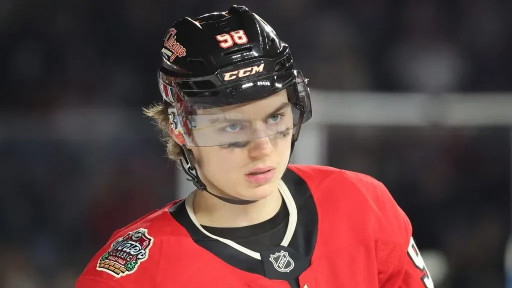 Connor Bedard #98 of the Chicago Blackhawks reacts after a 6-2 loss against the St. Louis Blues in the 2024 NHL Winter Classic at Wrigley Field on December 31, 2024 in Chicago, Illinois.