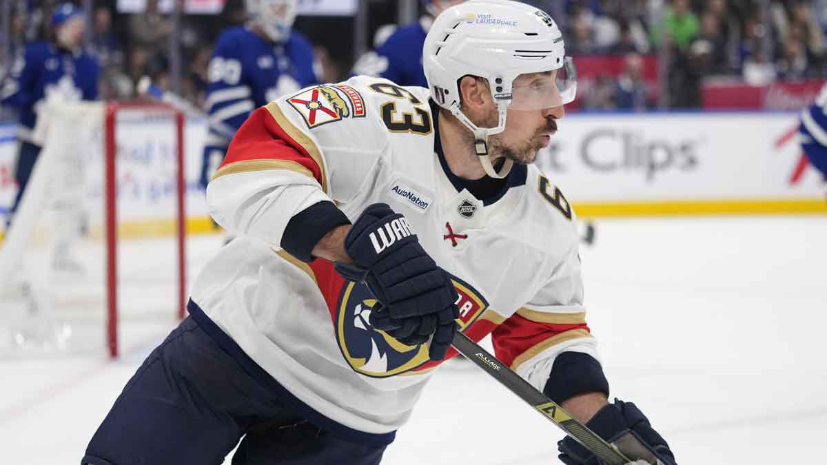 Florida Panthers forward Brad Marchand (63) skates against the Toronto Maple Leafs during the second period of game seven of the second round of the 2025 Stanley Cup Playoffs at Scotiabank Arena. 