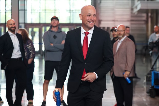 New Blackhawks coach Jeff Blashill before an introductory news conference at the United Center on Tuesday, May 27, 2025. (Eileen T. Meslar/Chicago Tribune)