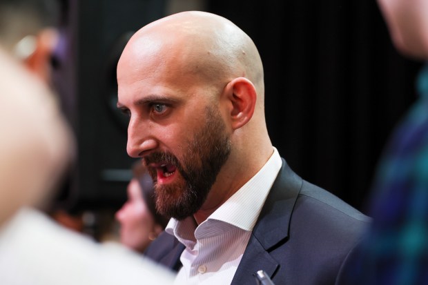 Blackhawks captain Nick Foligno answers questions after an introductory news conference for new coach Jeff Blashill at the United Center on Tuesday, May 27, 2025. (Eileen T. Meslar/Chicago Tribune)