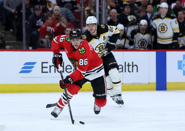 Chicago Blackhawks center Teuvo Teravainen (86) makes a move before shooting the puck in the third period of a game against the Boston Bruins at the United Center in Chicago on Dec. 4, 2024. (Chris Sweda/Chicago Tribune)