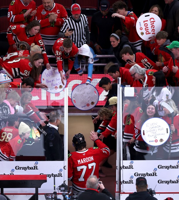 Blackhawks left wing Patrick Maroon (77) heads to the locker room after a shootout loss to the Jets on April 12, 2025, at the United Center. It was the retiring Maroon's last NHL game. (Chris Sweda/Chicago Tribune)