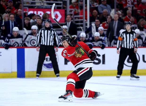 Blackhawks center Connor Bedard takes a shot on goal in the third period against the Jets on April 12, 2025, at the United Center. (Chris Sweda/Chicago Tribune)
