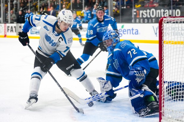 Jack Ivankovic of the Brampton Steelheads makes a save against Michael Misa of the Saginaw Spirit during the OHL Top Prospects Game on Jan. 15, 2025, in Brantford, Ontario. (Kevin Sousa/Getty Images)
