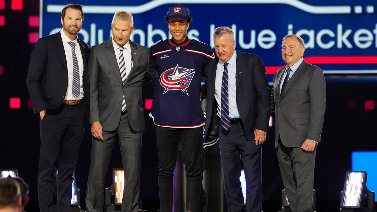 Cayden Lindstrom is selected with the 4th overall pick in the first round of the 2024 NHL Draft by the Columbus Blue Jackets at The Sphere.