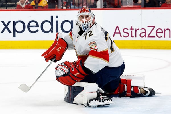 Florida Panthers goaltender Sergei Bobrovsky (72) watches the puck against the Carolina Hurricanes during the second period of Game 5 of the NHL hockey Stanley Cup Eastern Conference finals in Raleigh, N.C., Wednesday, May 28, 2025. (AP Photo/Karl DeBlaker)