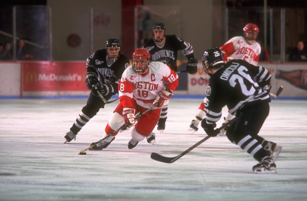 Chris Drury (18) in action vs Providence College on Feb. 21, 1998.