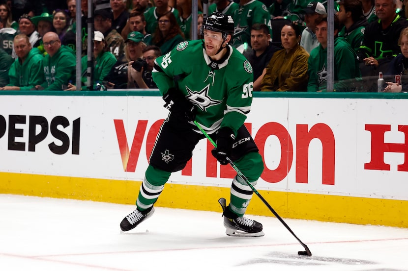 Dallas Stars right wing Mikko Rantanen (96) looks to pass during the first period in Game 5...