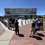 Hockey fans outside of the Delta Center