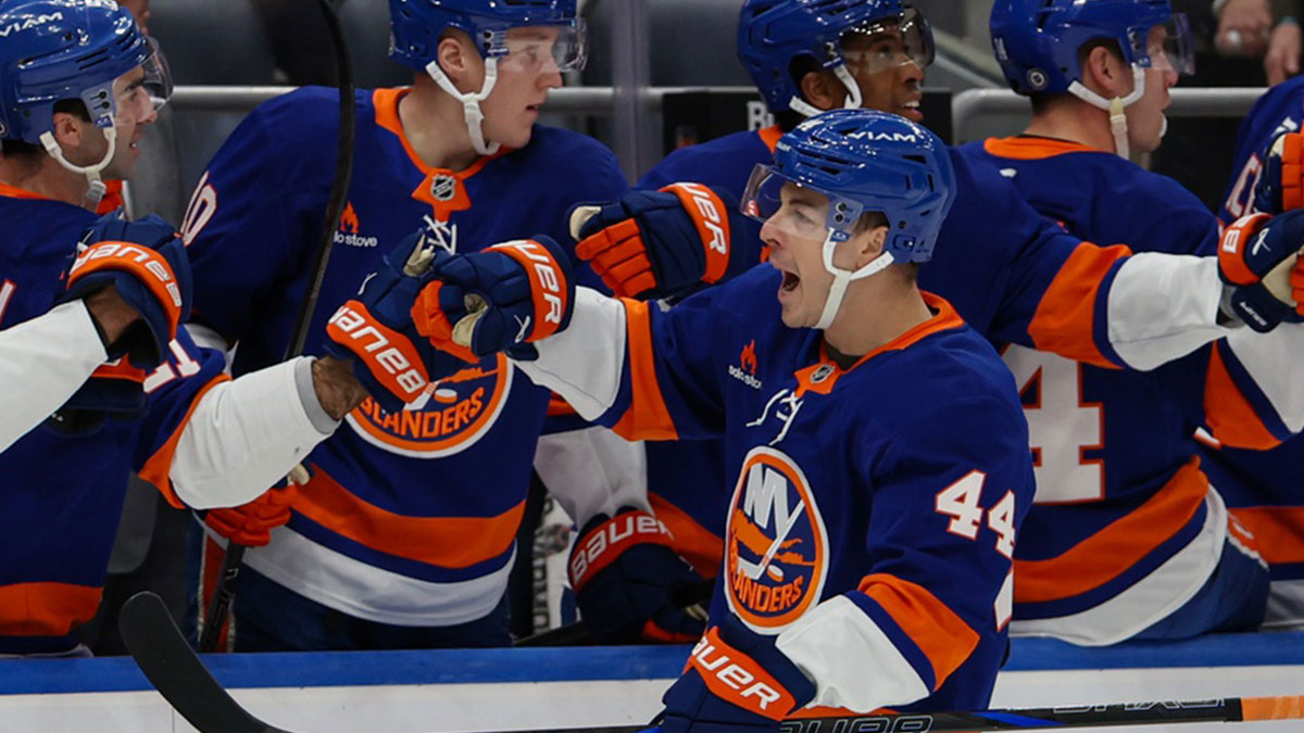 New York Islanders center Jean-Gabriel Pageau (44) celebrates his goal against the Nashville Predators during the first period at UBS Arena.
