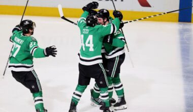Dallas Stars' Mason Marchment (27), Cody Ceci (44) and Thomas Harley, right, celebrate Harley's goal in overtime of Game 6 of a second-round NHL hockey playoff series against the Winnipeg Jets in Dallas, Saturday, May 17, 2025. (AP Photo/Gareth Patterson)