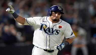 Tampa Bay Rays' Jonathan Aranda celebrtes his three-run home run off Minnesota Twins pitcher Brock Stewart during the sixth inning of a baseball game Monday, May 26, 2025, in Tampa, Fla. (AP Photo/Chris O'Meara)