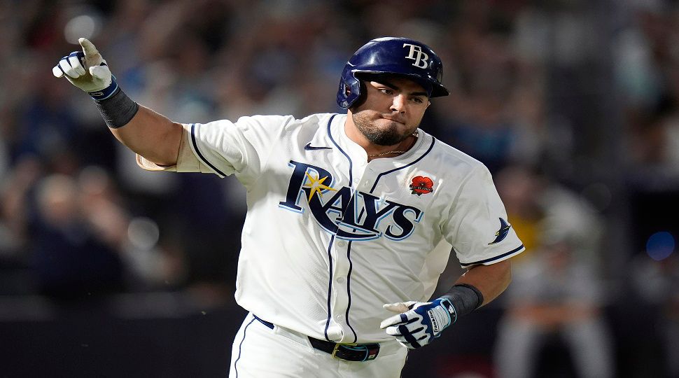 Tampa Bay Rays' Jonathan Aranda celebrtes his three-run home run off Minnesota Twins pitcher Brock Stewart during the sixth inning of a baseball game Monday, May 26, 2025, in Tampa, Fla. (AP Photo/Chris O'Meara)