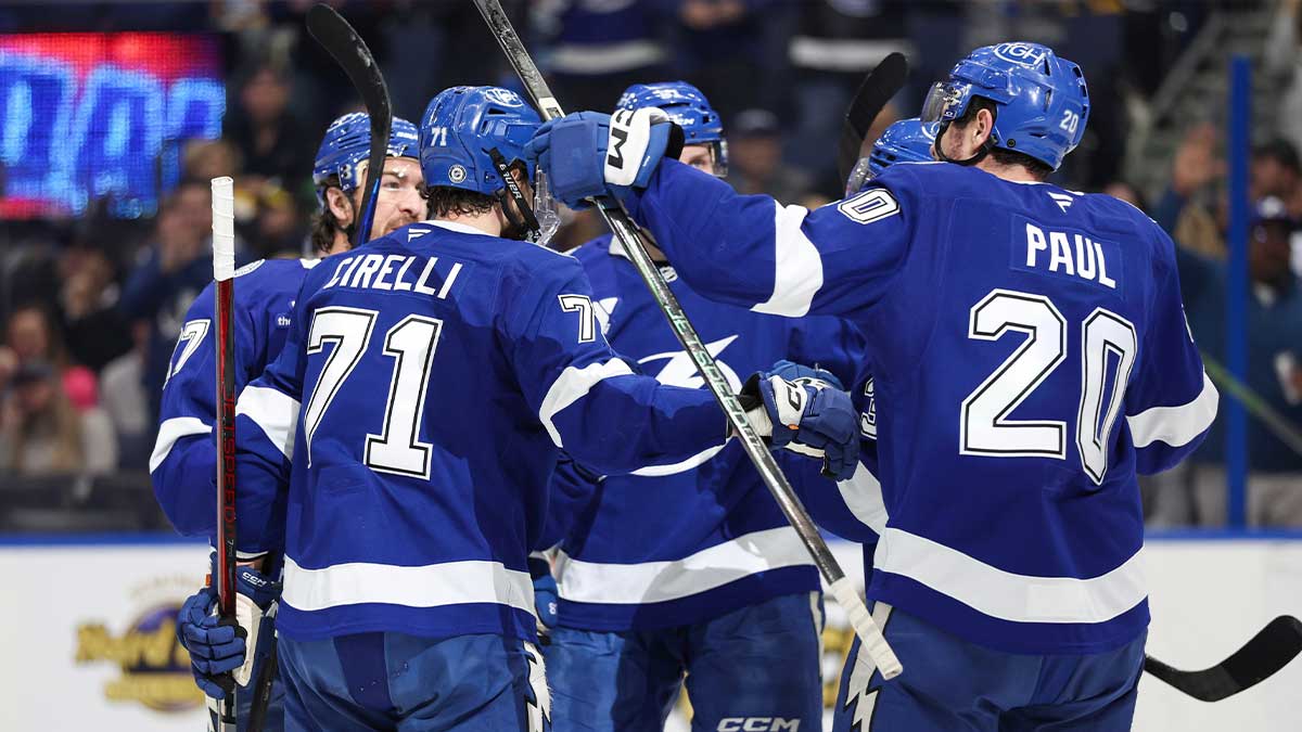 Tampa Bay Lightning center Anthony Cirelli (71) celebrates after scoring a goal against the Pittsburgh Penguins in the first period at Amalie Arena.