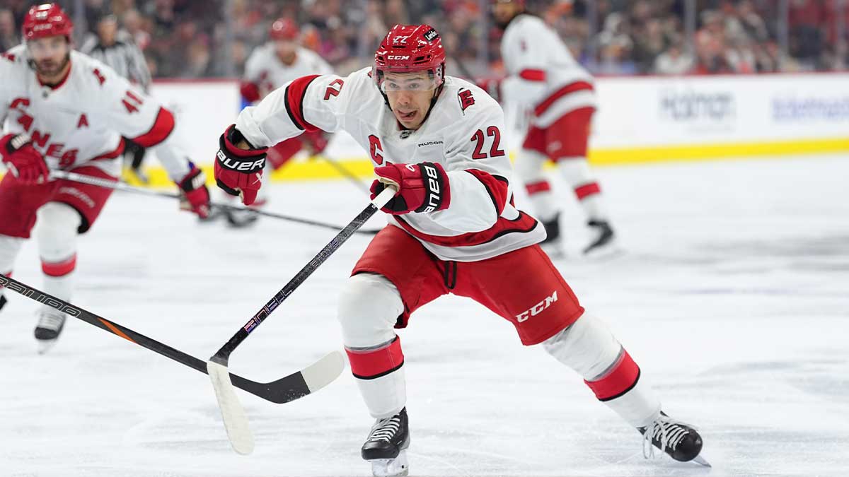 Carolina Hurricanes center Logan Stankoven (22) in action against the Philadelphia Flyers in the first period at Wells Fargo Center.