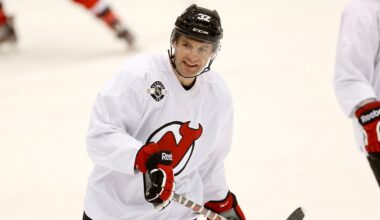 New Jersey Devils' Mathieu Darche attends the team's first official practice since the NHL hockey lockout ended, Sunday, Jan. 13, 2013, in Newark, N.J. (AP Photo/Julio Cortez, file)