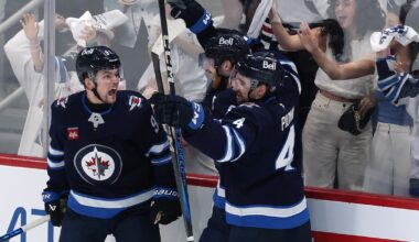 May 4, 2025; Winnipeg, Manitoba, CAN; Winnipeg Jets center Cole Perfetti (91) celebrates his goal against the St. Louis Blues with team mates in the third period in game seven of the first round of the 2025 Stanley Cup Playoffs at Canada Life Centre.