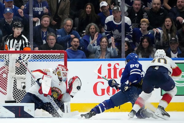 Toronto Maple Leafs forward William Nylander (88) scores on Florida Panthers goaltender Sergei Bobrovsky (72) during the first period of Game 1 in an NHL hockey second-round playoff series in Toronto, Monday, May 5, 2025. (Nathan Denette/The Canadian Press via AP)
