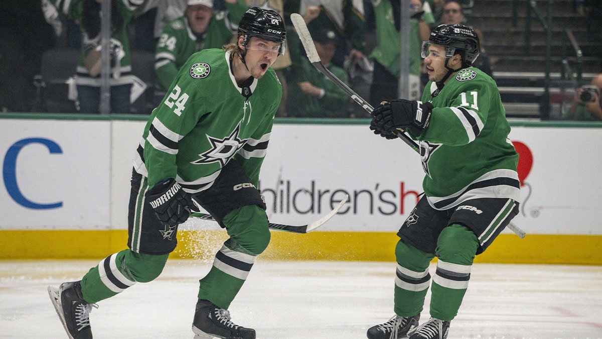 Dallas Stars center Roope Hintz (24) and center Logan Stankoven (11) celebrate after Hintz scores a goal against the Colorado Avalanche during the second period in game two of the second round of the 2024 Stanley Cup Playoffs at American Airlines Center