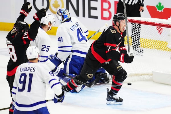 Ottawa Senators' Brady Tkachuk (7) scores against Toronto Maple Leafs goaltender Anthony Stolarz (41) during the second period of Game 6 of a first-round NHL hockey playoff series in Ottawa, Ontario, Thursday, May 1, 2025. (Sean Kilpatrick/The Canadian Press via AP)
