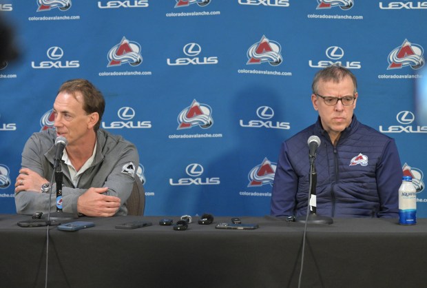 Colorado Avalanche President of Hockey Operations Joe Sakic, left, and General Manager Chris MacFarland speak with media at the Family Sports Center banquet room in Centennial, Colorado on May 6, 2025. (Photo by RJ Sangosti/The Denver Post)