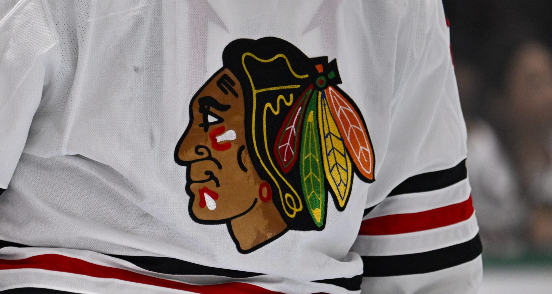 A view of the logo on the jersey of Chicago Blackhawks goaltender Petr Mrazek (34) during the game between the Dallas Stars and the Chicago Blackhawks at American Airlines Center.