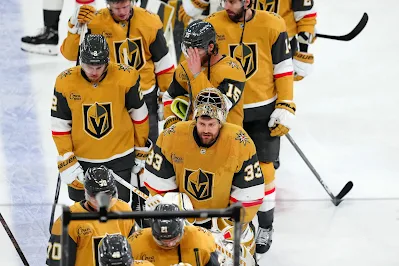 Vegas Golden Knights players line up in the handshake line following elimination by the Edmonton Oilers in 2025.