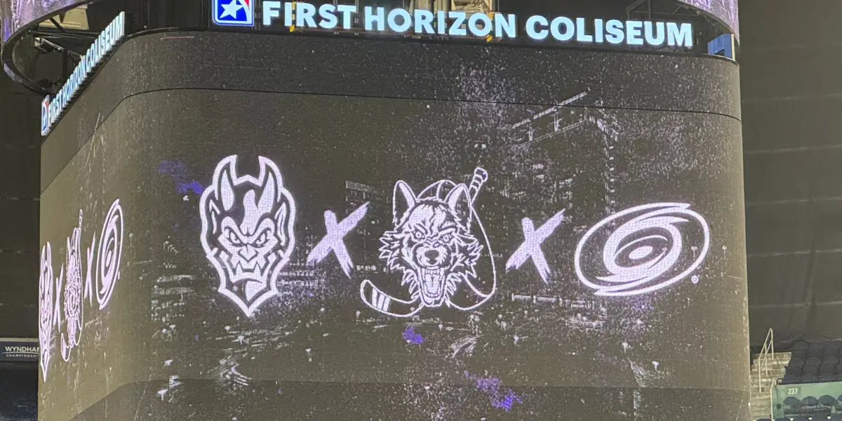 Gargoyles logo next to Chicago Wolves logo next to Carolina Hurricanes logo signifying affiliation